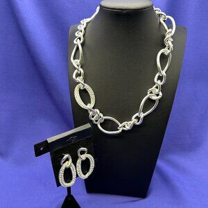 SAQ Set: Silver-Tone Chain Link w/ Crystal Choker Necklace & Post Dangle Earring
